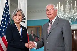Rex Tillerson et Kang Kyung-wha avant leur rencontre à Washington.