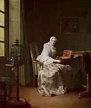 Tableau, femme avec boîte à musique et canari.