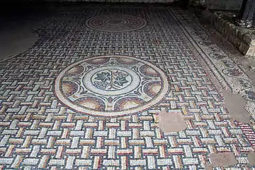 Mosaïque au sol avec des grappes de raisin.