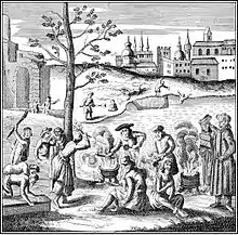 gravure noir et blanc : divers personnages dont certains se flagellant.