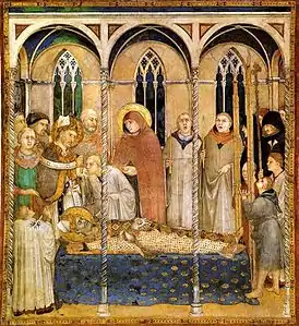 Funérailles de saint Martin en présence de saint Ambroise miraculeusement apparu .