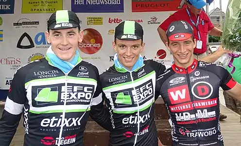 Podium de la 2e étape du Tour de Flandre-Orientale 2015 : Christophe Noppe (2e), Dennis Delmotte (1er) et Jasper Temmerman (3e).