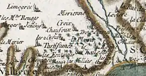 Le site de La Plaine, commune de Fondettes (ici en haut, à droite de l'ancienne commune de Vallières, sur un extrait provenant de la carte de Cassini, document réalisé dans la seconde moitié du XVIIIe siècle par César-François Cassini (1714-1784)