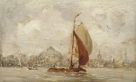 Hobbe Smith (en), Tjalk sous voiles quittant le port d'Amsterdam (1900, coll. priv.).