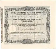 Titre nominatif de 5 actions de 500 francs de la Société générale de Crédit mobilier, émis le 20 mars 1866, signé par Émile Pereire.