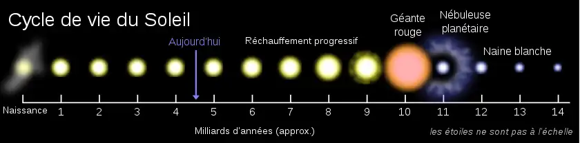 Dessin montrant différentes phases de la vie du Soleil