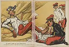 Dessin en couleurs d'un officiers baisant le pied du général André - allongé lascivement sur une couche - et déposant une fiche sur le sol.