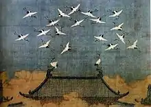 Grues de bon augure au-dessus du palais, détail du précédent. 1112, Empereur Huizong. Encre et couleurs sur soie