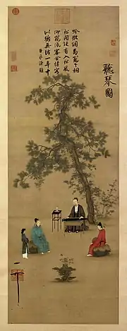 En écoutant le qin, Empereur Huizong. Encre et couleurs sur soie
