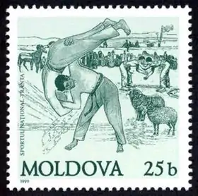Timbre Sportul Național Trânta, de 1999, de la République de Moldova, d'une valeur de 25 bani.