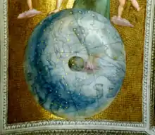 peinture d'une sphère bleue avec des étoiles et des constellations.