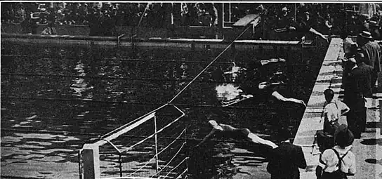 Photographie noir et blanc de nageuses plongeant dans une piscine