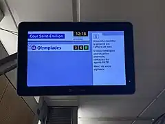 Écran SIEL de la ligne 14 à la station Cour Saint-Émilion avec l'ancien affichage façon « IMAGE ».
