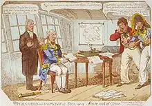 Gambier : « Moab my wash pot, my shoe, o'er Edom I will throw » (parodie du psaume 60 (59) : « Moab est le bassin où je me lave ! / sur Édom, je jette ma sandale »)Marin : « Your shoe won't do for the French Fleet. I think we had better throw some shells your Honor » (« Votre chaussure ne fera rien à la flotte française. Je crois qu'on ferait mieux de leur lancer quelques boulets, votre Honneur »)Cochrane : « Why Admiral? Damn their Eyes they'll escape if we don't make haste. » (« Pourquoi, Amiral ? Ces maudits vont s'échapper si on ne se dépêche pas. »)Chapelain : « Oh the wicked Dog he has put us quite out, he is insensible of the beauties of Divine Poetry) » (« Oh, le méchant chien, il est insensible à la beauté de la Poésie Divine »)Sur le sol, aux pieds de Gambier, se trouvent des fusées Congreve inusitées.