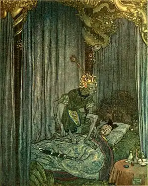 Figure décharnée d'un somnambule coiffé de bijoux dorés marchant sur le lit d'un homme endormi.