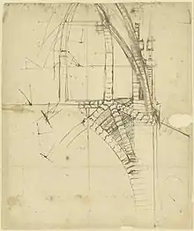 Dessin représentant une vue en coupe d'un bâtiment avec arcades.
