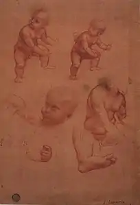 Une série de dessins sur une feuille représentant tout ou partie de bébés.