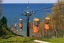 Vue du téléphérique avec ses cabines, la Baltique en arrière-plan.
