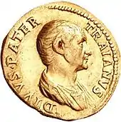 Aureus avec un portrait de Marcus Ulpius Traianus, vers 115 après sa déification par son fils.