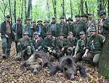 Un groupe de chasseurs posent devant deux ours morts.