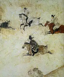 Une partie de polo. Peinture murale tombe de Zhang Huai, 705, encre et couleurs sur enduit. Qianling, Qian, Shaanxi, China, 85 km nord-ouest de Xi'an.