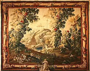 Tapisserie d'Aubusson (XVIIe siècle).Paysage exotique au chien.