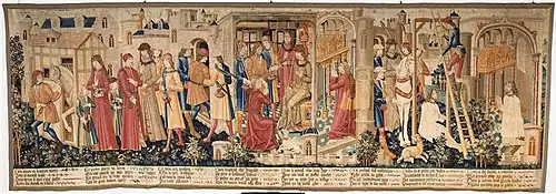  Longue tapisserie représentant une vingtaine de personnages habillés en costumes du Moyen Âge tardif. À gauche, un jeune homme sort un cheval d'une écurie. Plus au centre de l'image, des personnages discutent à l'extérieur. Certains d'entre eux sont en train de pénétrer dans un bâtiment où un homme est agenouillé devant un autre homme, assis sur un siège doré. Tout à droite de l'image, un homme portant la tenue blanche des condamnés se trouve au pied d'une potence et de son bourreau, la corde ayant cédé. En arrière-plan, les murailles de la ville où se déroule l'action sont visibles. Sous le dessin, des écritures en latin décrivent l'action.