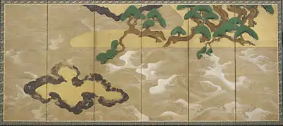 Tawaraya Sotatsu, Les Vagues à Matsushima, paravents à 6 feuilles, paire, 1628, encre, couleurs, argent et or / papier, ch. 166 × 370 cm.