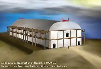 Reconstitution d'un temple de Nebelivka, Ukraine, vers 4000 av. J.-C., dimensions : 60 × 20 mètres