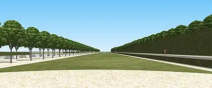 Vue 3D restituée sur la grande terrasse basse de Villeflix, XVIIIe siècle.