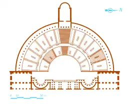 Plan d'un bâtiment semi-circulaire.