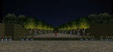 Essai de restitution du décor éphémère réalisé pour Monseigneur le dauphin, dans le théâtre des jardins de Saint-Maur, fête du 18 juillet 1700. (Notez la profusion des porcelaines, dont le Grand Dauphin était si friand)