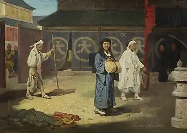 Pèlerins japonais revenant du mont Fujiyama.