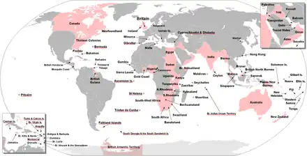 Empire britannique, les régions colonisées sont en rose. Dans le carré en haut en droite, l'Empire couvre la Transjordanie, la Palestine, l'Irak, le Koweit, le Qatar, Bahrein, les États de la Trêve («Trucial States»), Oman, Aden. Voir la zone rouge et la zone arabe B des accords Sykes-Picot.