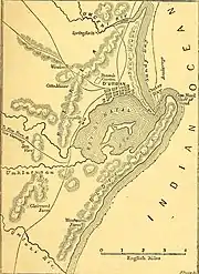 Dessin à l'encre sur papier jauni représentant une région côtière à l'échelle approximative de 4 miles par pouce.