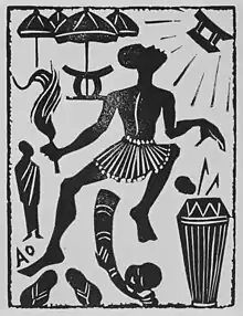 Portrait africain représentant un personnage central entouré de symboles ashantis, d'un trole descendant du ciel en haut à droite, d'un dwa et de parapluie de chefs en haut à gauche, un prête à gauche, une queue d'éléphant en dessous et un tambour sacré.