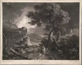 Niobé est au centre, serrant un petit enfant vers elle et lève les yeux vers le ciel. À droite, Apollon et Artémis tirent des flèches sur ses enfants. Plusieurs sont déjà morts ou blessés ; les autres, à gauche, tentent de s'échapper. Il y a une masse d'arbres cassés à l'extrême droite, une forteresse et une mer orageuse avec un éclair à gauche. L'image est dans le sens inverse de celui du tableau, à savoir que l'arbre du premier plan est à droite et la forteresse à gauche.