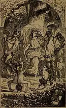 Gravure. Reine assise au centre dans creux d'arbre entourée de satyres dansant ou assis.