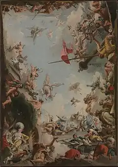 De nombreux personnages en bordure s'élèvent dans un ciel avec des anges