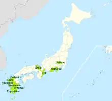 Carte du Japon ; en vert, les zones de culture.