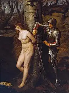 femme nue, échevelée, ligotée à un arbre, que libère un chevalier en armure