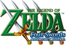 Zelda est inscrit en grosse lettre vertes. Au-dessus, figure The Legend of en petites lettres vertes. En dessous, Four Swords Anniversary Edition est inscrit sur deux lignes en petites lettres blanches bordées de bleu. En arrière plan, figurent, côte à côte et légèrement inclinées, quatre épées à lame blanche et au pommeau doré avec chacun une pointe de couleur verte, rouge, bleue et violette.
