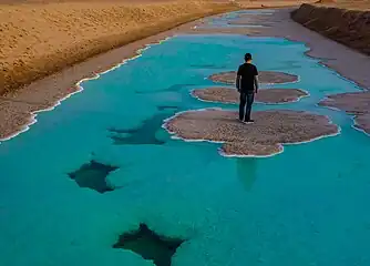 Lac salé, sur le territoire des Bani Yas, dans la محمية_الوثبة_للأراضي_الرطبة (ar), dans la région Al Bihouth aux émirats. Mai 2021.