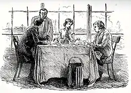 Gravure sur bois. Table avec nappe tombante devant une grande verrière donnant sur la Tamise, à droite Mr Wilfer, Bella de face est tournée vers lui, Rokesmith/Harmon à gauche, discutant la carte des vins avec un serveur