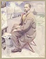 L'artiste en train de peindre au bord de la mer, aquarelle par Richard Baseleer, 1917, Cabinet des Estampes de la Bibliothèque royale de Belgique, F 16036