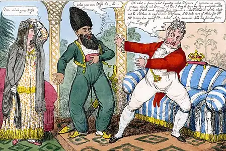 Caricature, femme se dévoilant, homme riant à toque d'astrakan, homme plus âgé marquant sa surprise.