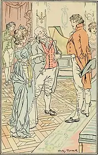  Un homme âgé souriant présente une jeune fille à un jeune homme hautain qui la regarde, l'air surpris