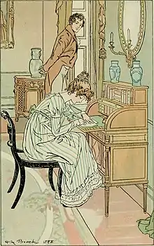 Gravure colorisée. Un jeune homme observe une jeune fille écrivant