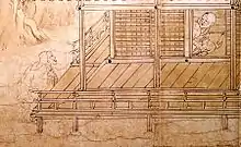 Peinture. Un moine passe la tête par la porte de sa demeure en bois dans les montagnes. Une nonne se tient dehors au pied de la véranda.