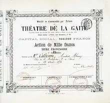 Action du Théâtre de la Gaité de 1000 francs, émise le 19 août 1873, signée en original par Jaques Offenbach en tant que gérant. Offenbach rénova le théâtre de fond en comble pour le rouvrir le 2 septembre 1873 avec "Le Gascon", un drame de Théodore Barière pour lequel il avait lui-même contribué à la musique. Offenbach investit 360.000 francs dans la mise en scène du drame historique "La Heine" de Victorien Sardou, dont la première eut lieu le 3 décembre 1874, mais le succès ne fut pas au rendez-vous, ce qui entraîna finalement la dissolution de la société.